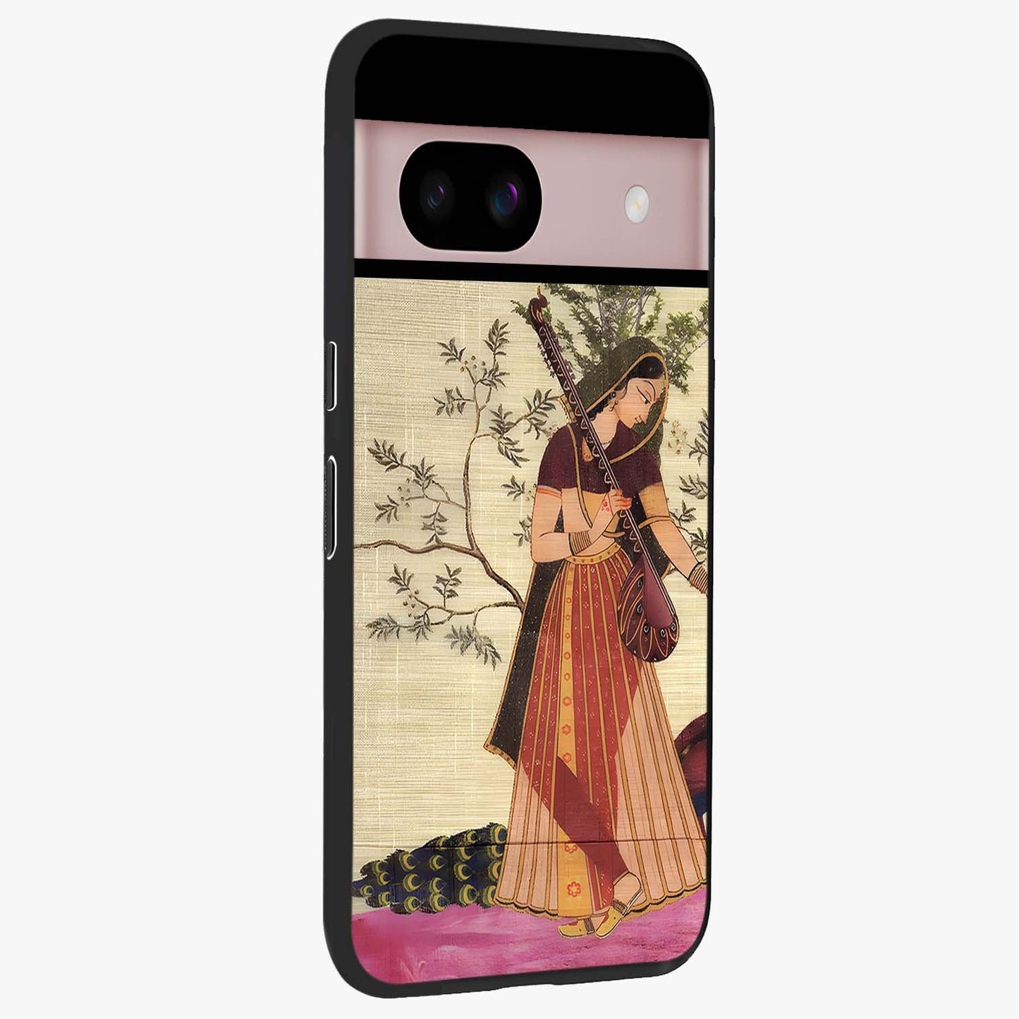 Lady With Veena Art Glass Case upright view showcasing classical veena artwork with traditional artistic theme.