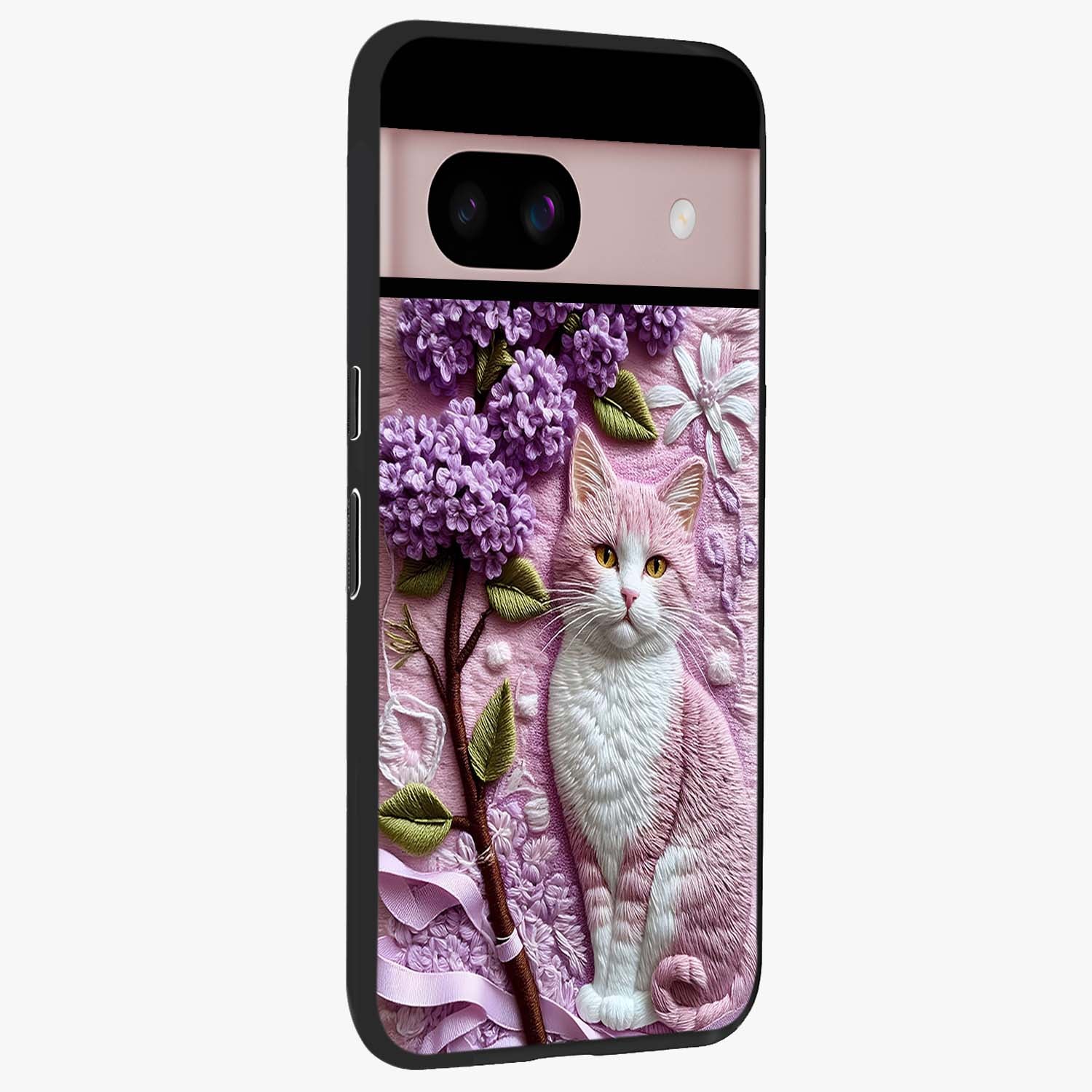 Lavender Cat Whimsy Glass Case upright view showcasing charming cat artwork with whimsical lavender theme.