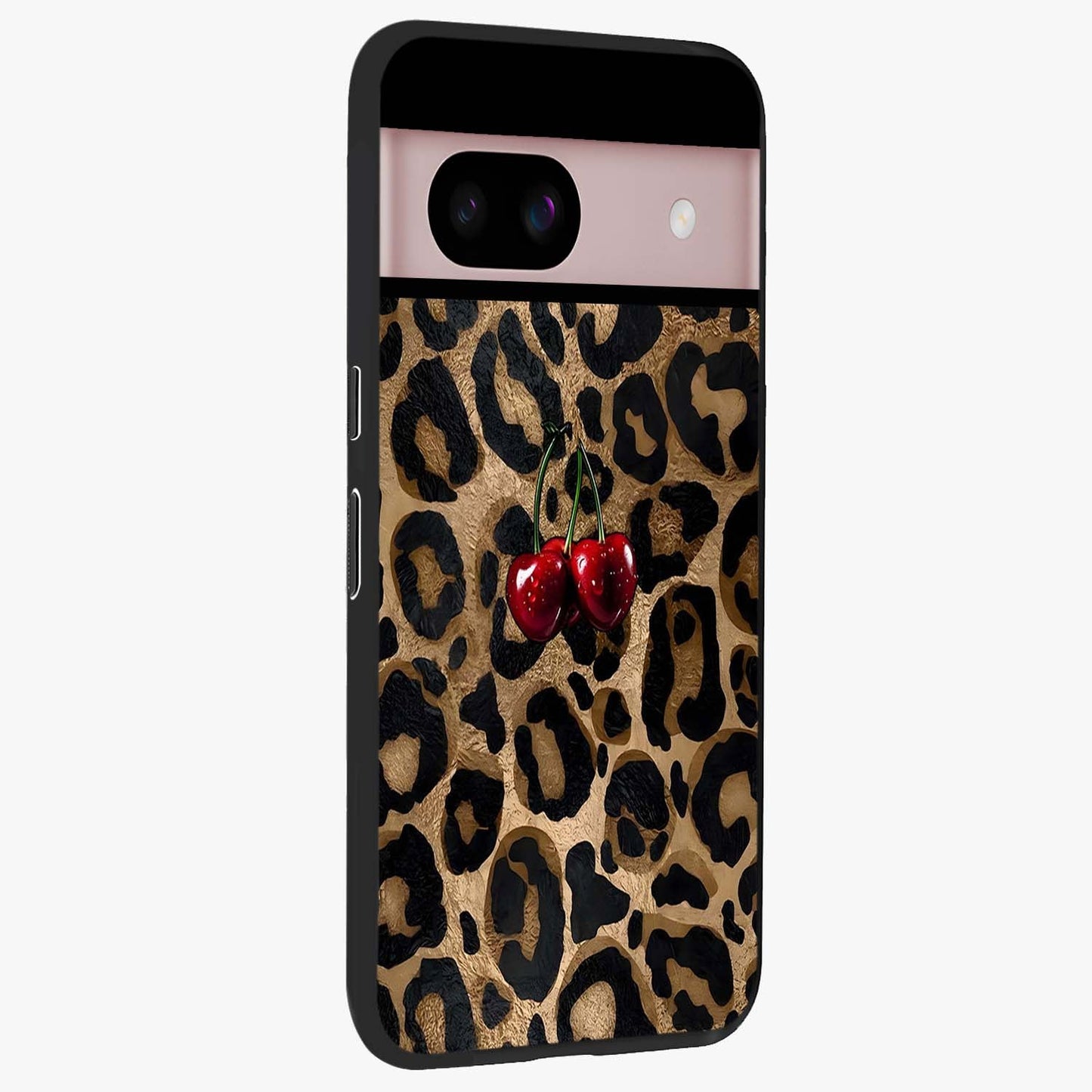 Leopard Wild Cherry Glass Case upright view showcasing stylish leopard pattern artwork with trendy fashion theme.