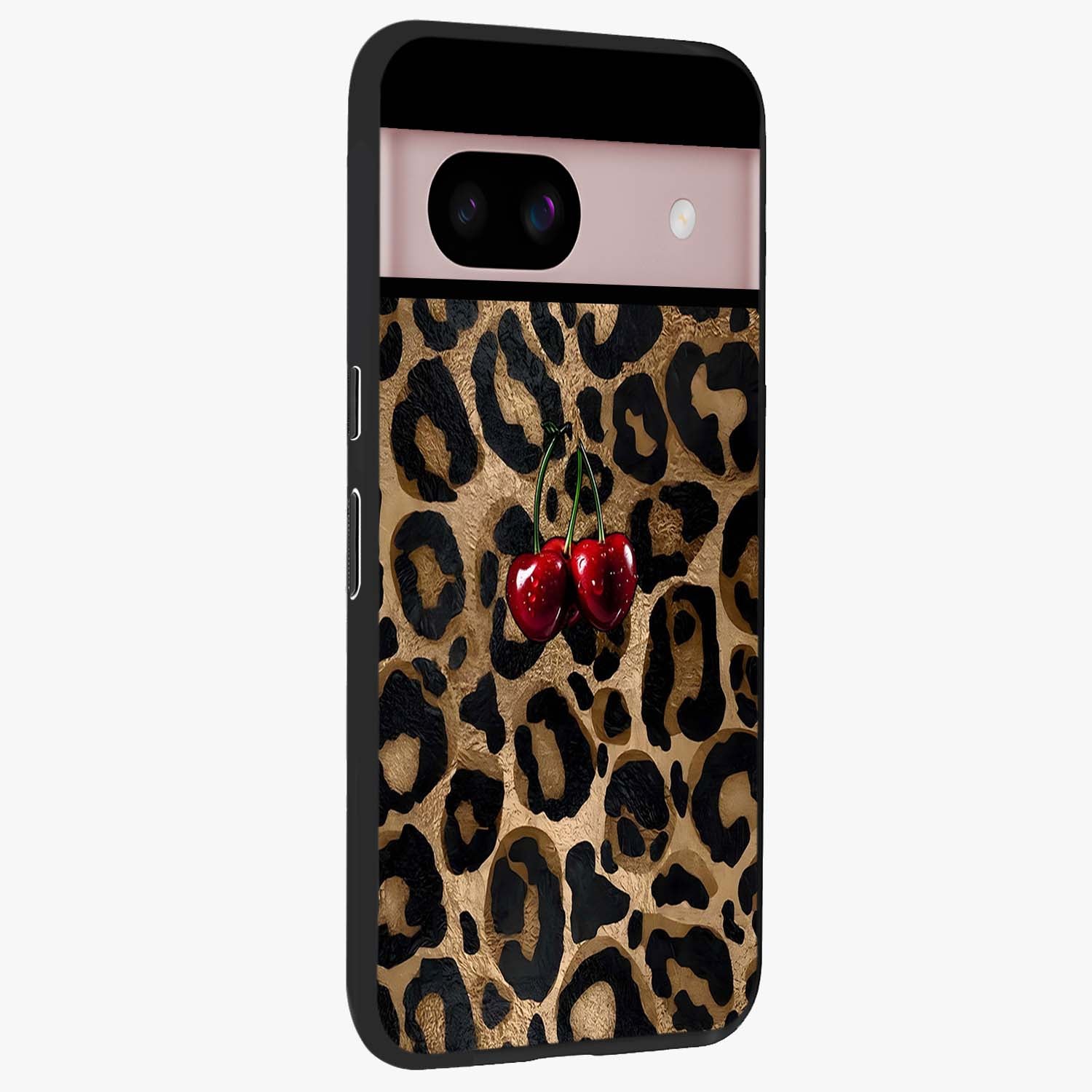 Leopard Wild Cherry Glass Case upright view showcasing stylish leopard pattern artwork with trendy fashion theme.