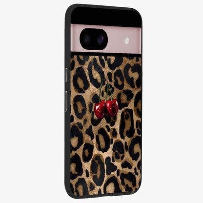 Leopard Wild Cherry Glass Case upright view showcasing stylish leopard pattern artwork with trendy fashion theme.