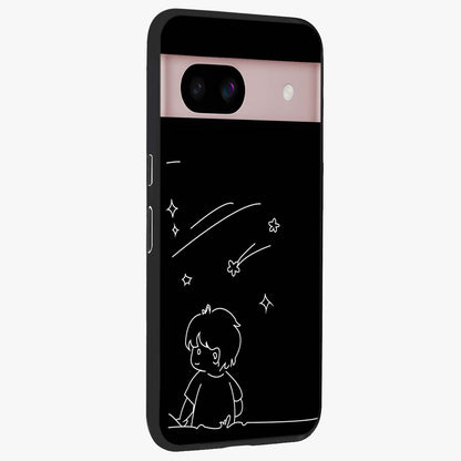 Line Art Boy With Shooting Stars Glass Case upright view showcasing artistic shooting star illustration with minimal style.
