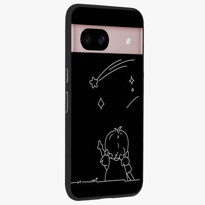 Line Art Girl With Shooting Stars Glass Case upright view showcasing delicate shooting stars artwork with minimal artistic theme.