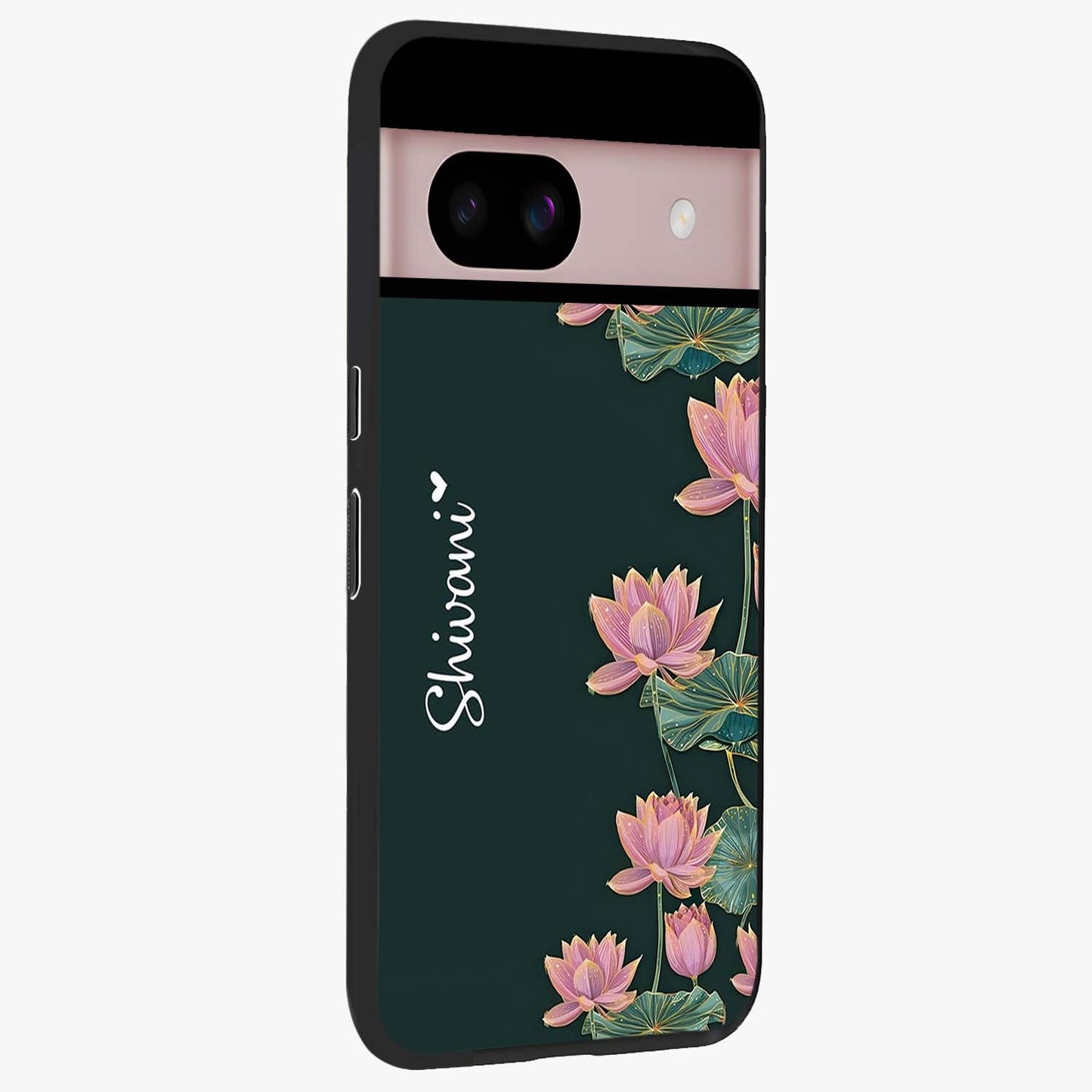Lotus Bloom Serenity Custom Name Glass Case upright view showcasing serene lotus bloom artwork with personalized floral aesthetic.