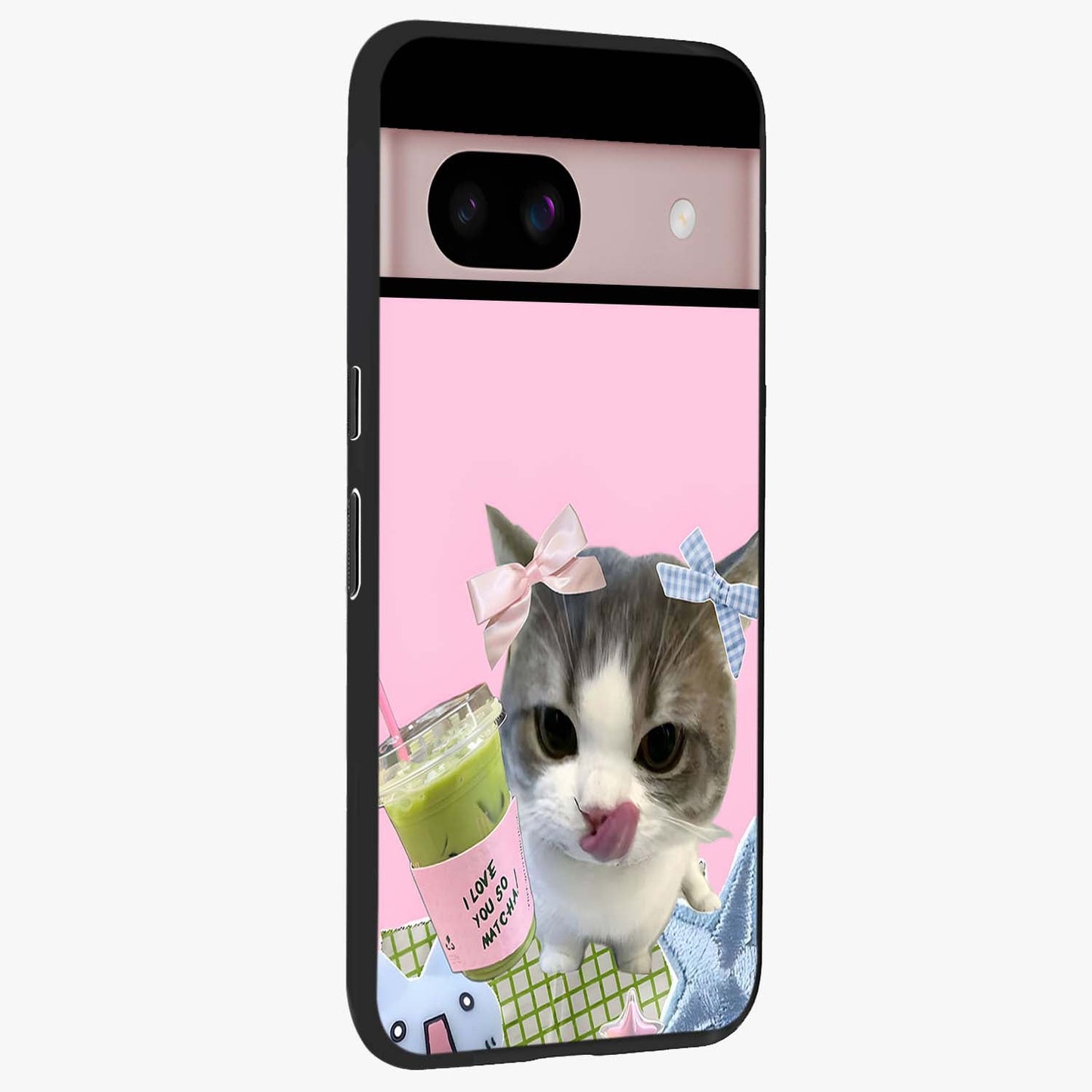 Love Matcha Cat Glass Case upright view showcasing adorable cat artwork with charming matcha themed design.