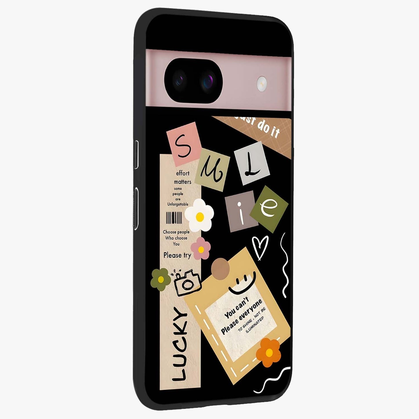 Lucky Aesthetic Collage Glass Case upright view showcasing vibrant collage artwork with youthful aesthetic theme.