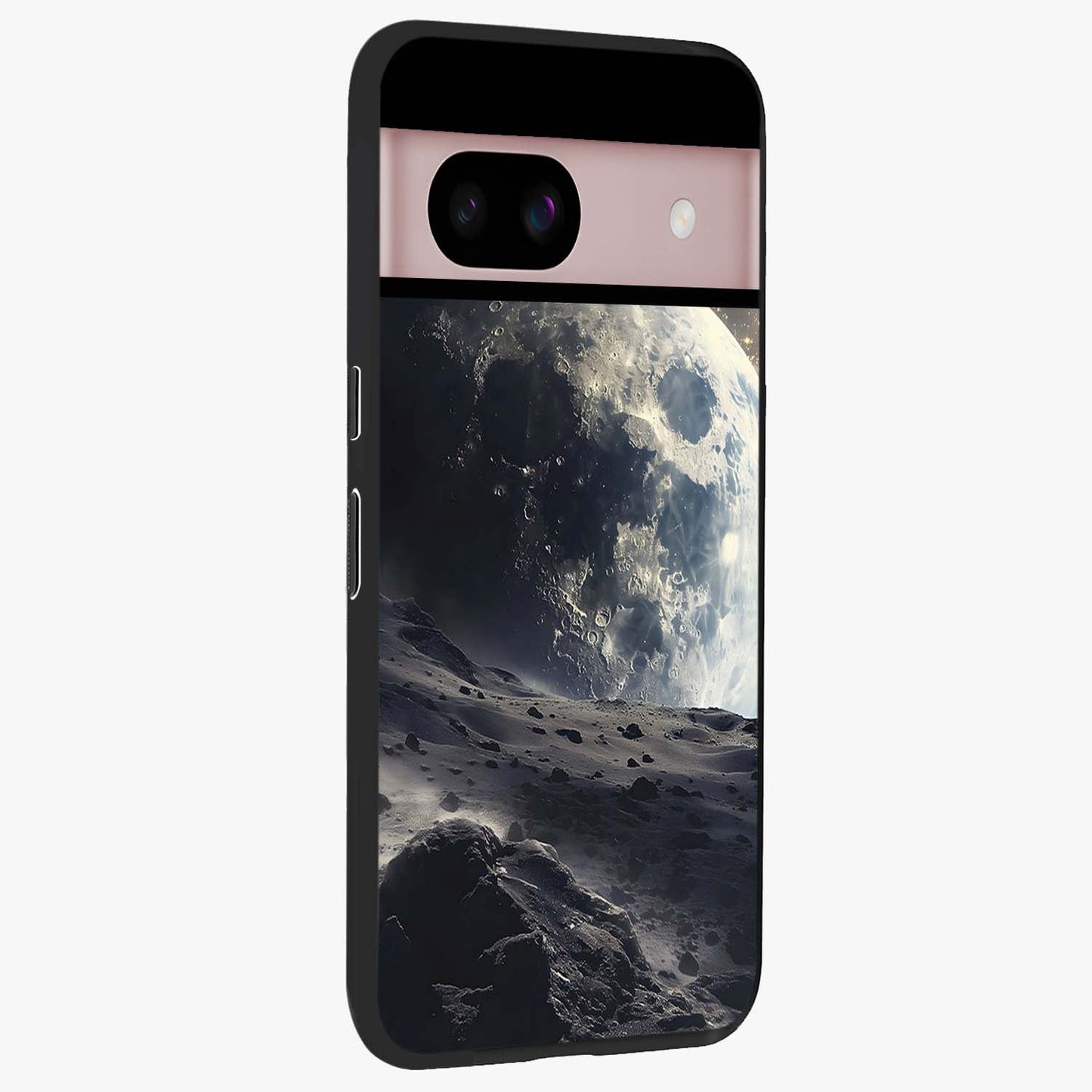Lunar Horizon Glow Glass Case upright view showcasing radiant lunar artwork with calm cosmic theme.