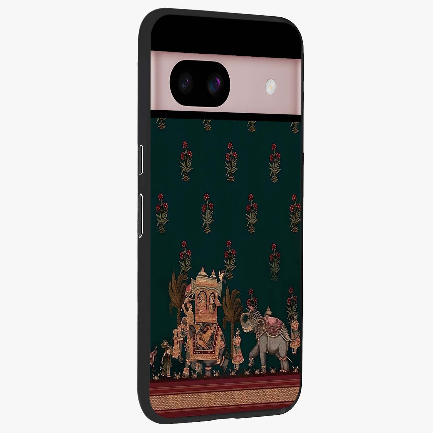 Macmerise Glass Case upright view showcasing bold artistic artwork with contemporary design theme.