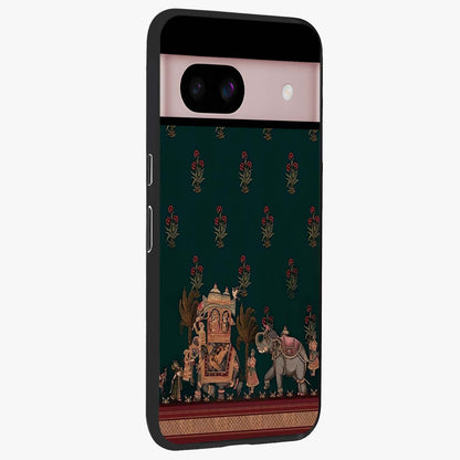 Macmerise Glass Case upright view showcasing bold artistic artwork with contemporary design theme.