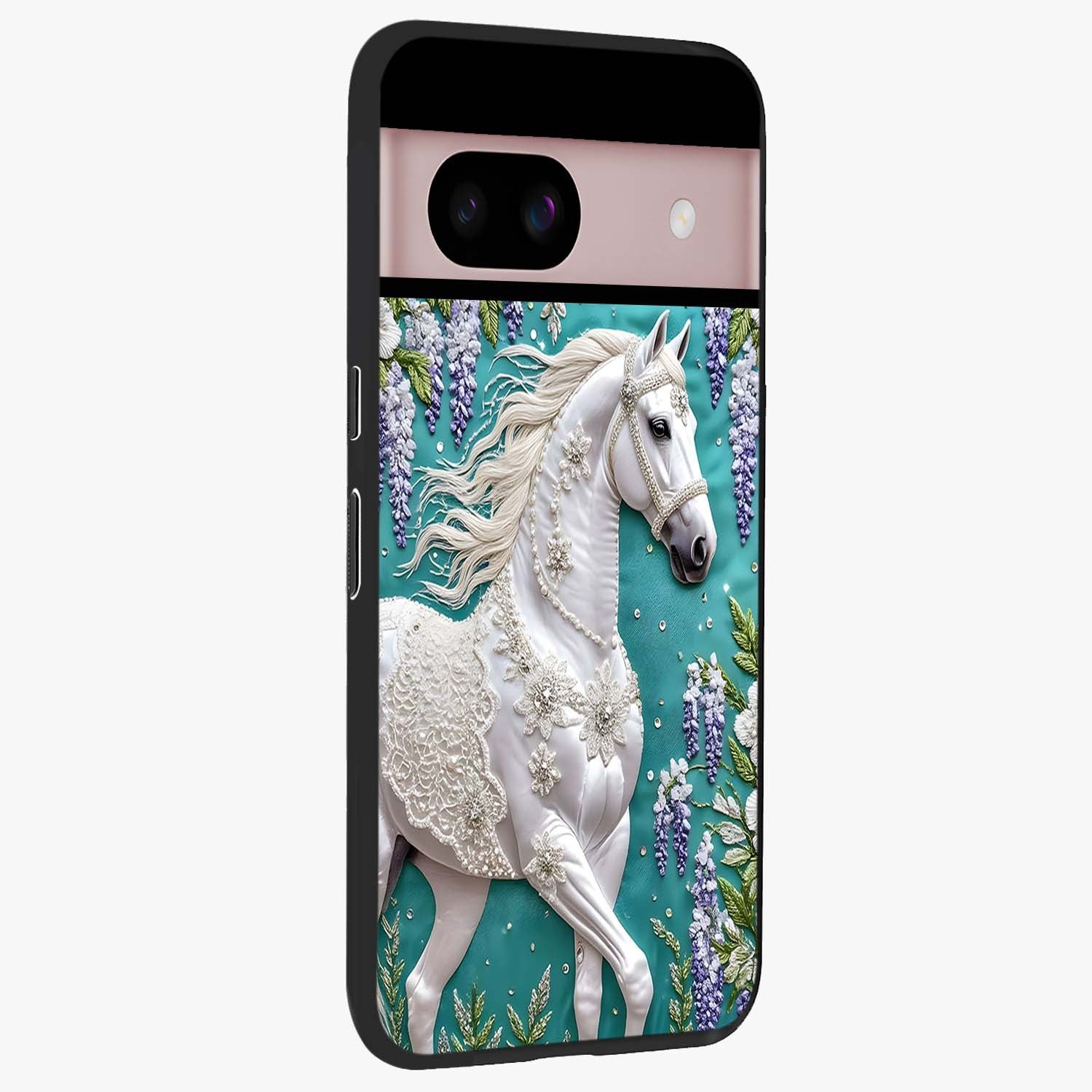 Majestic Floral Stallion Glass Case upright view showcasing dramatic horse artwork with decorative floral theme.