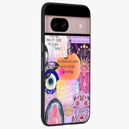 Manifestation Collage Glass Case upright view showcasing artistic manifestation themed artwork with creative style.