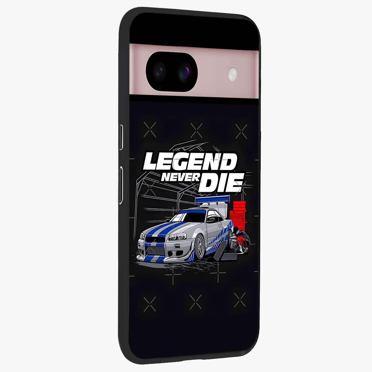Midnight Racing Legacy Glass Case upright view showcasing powerful racing artwork with modern sports theme.