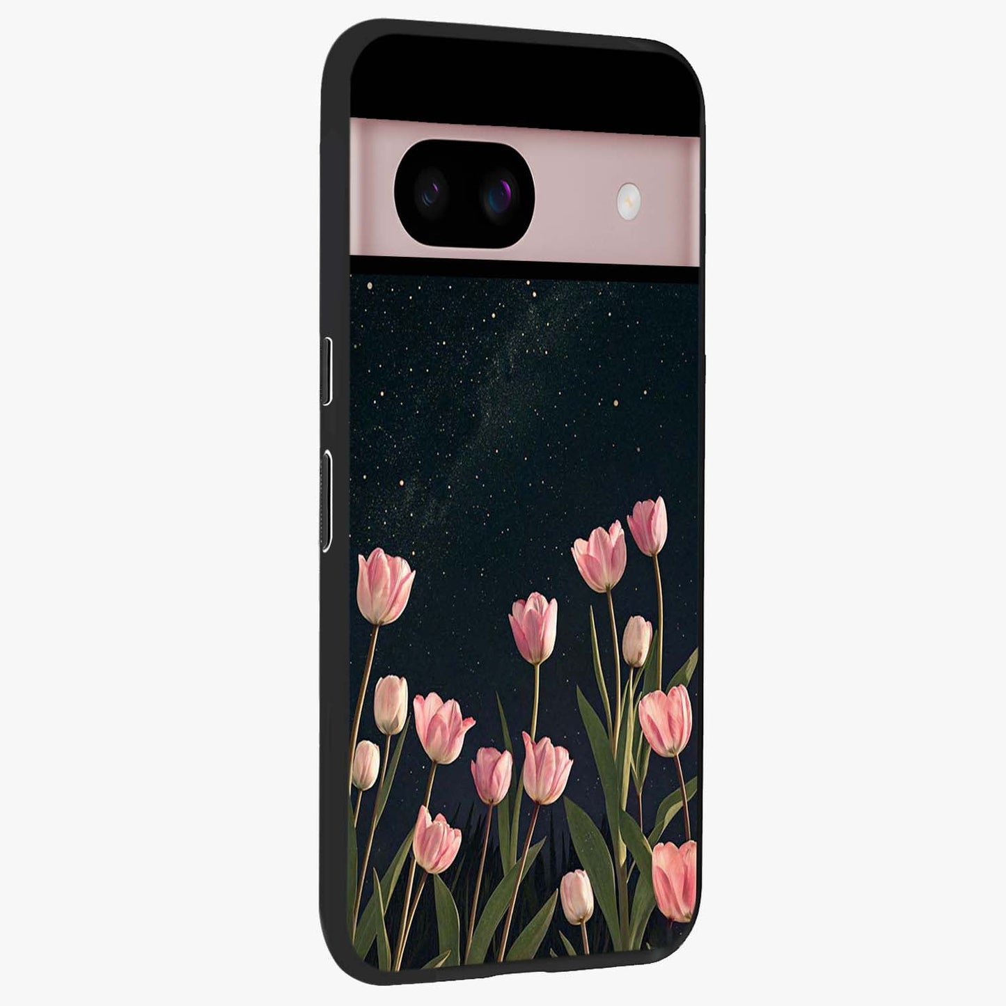 Midnight Tulip Whispers Vibe Glass Case upright view showcasing graceful tulip artwork with calm botanical theme.