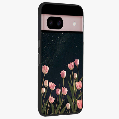 Midnight Tulip Whispers Vibe Glass Case upright view showcasing graceful tulip artwork with calm botanical theme.