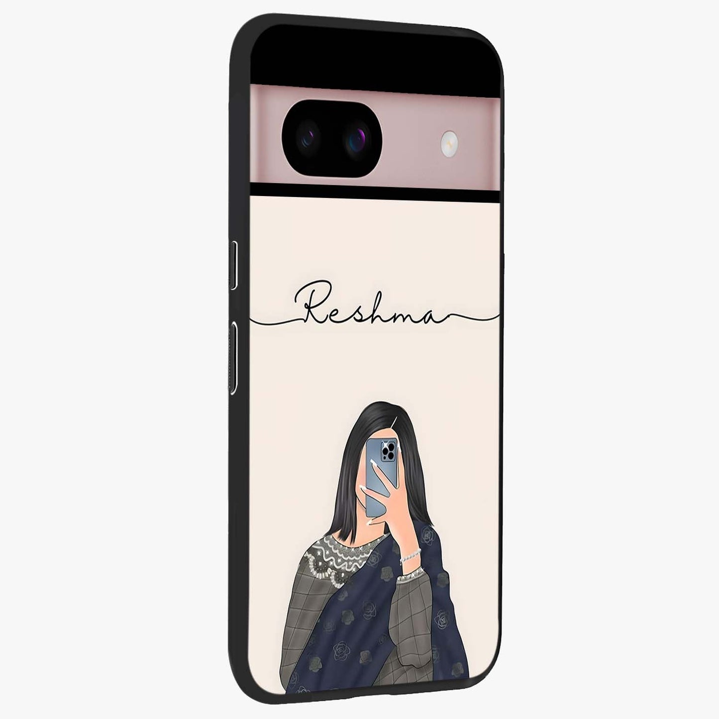 Mirror Mood Muse With Custom Name Glass Case upright view showcasing artistic mirror themed artwork with personalized aesthetic.