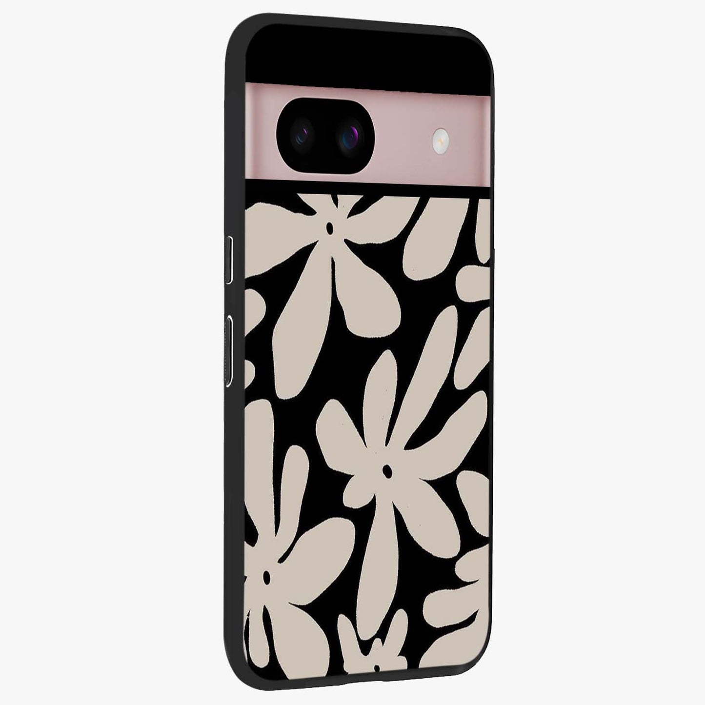 Monochrome Petal Dance Glass Case upright view showcasing artistic floral pattern with stylish monochrome theme.