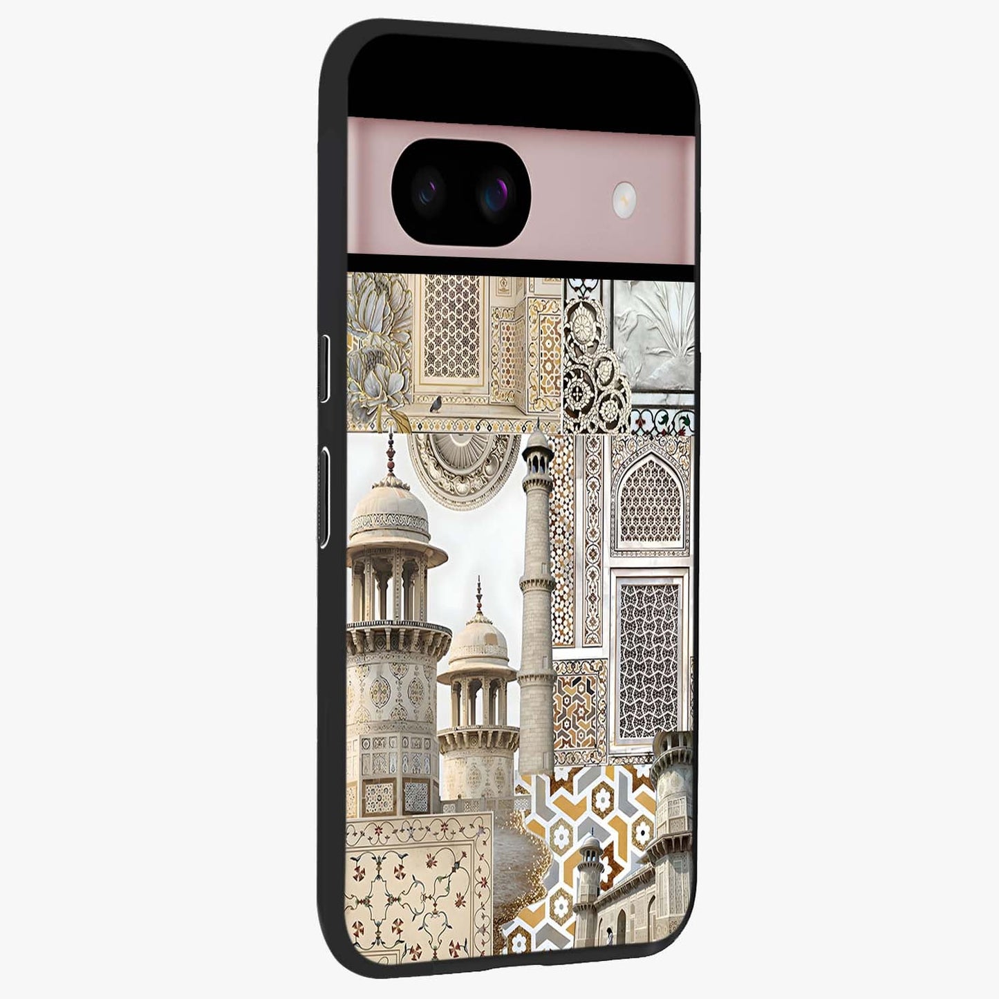 Mughal Marble Legacy Glass Case upright view showcasing ornate Mughal design with luxurious traditional theme.