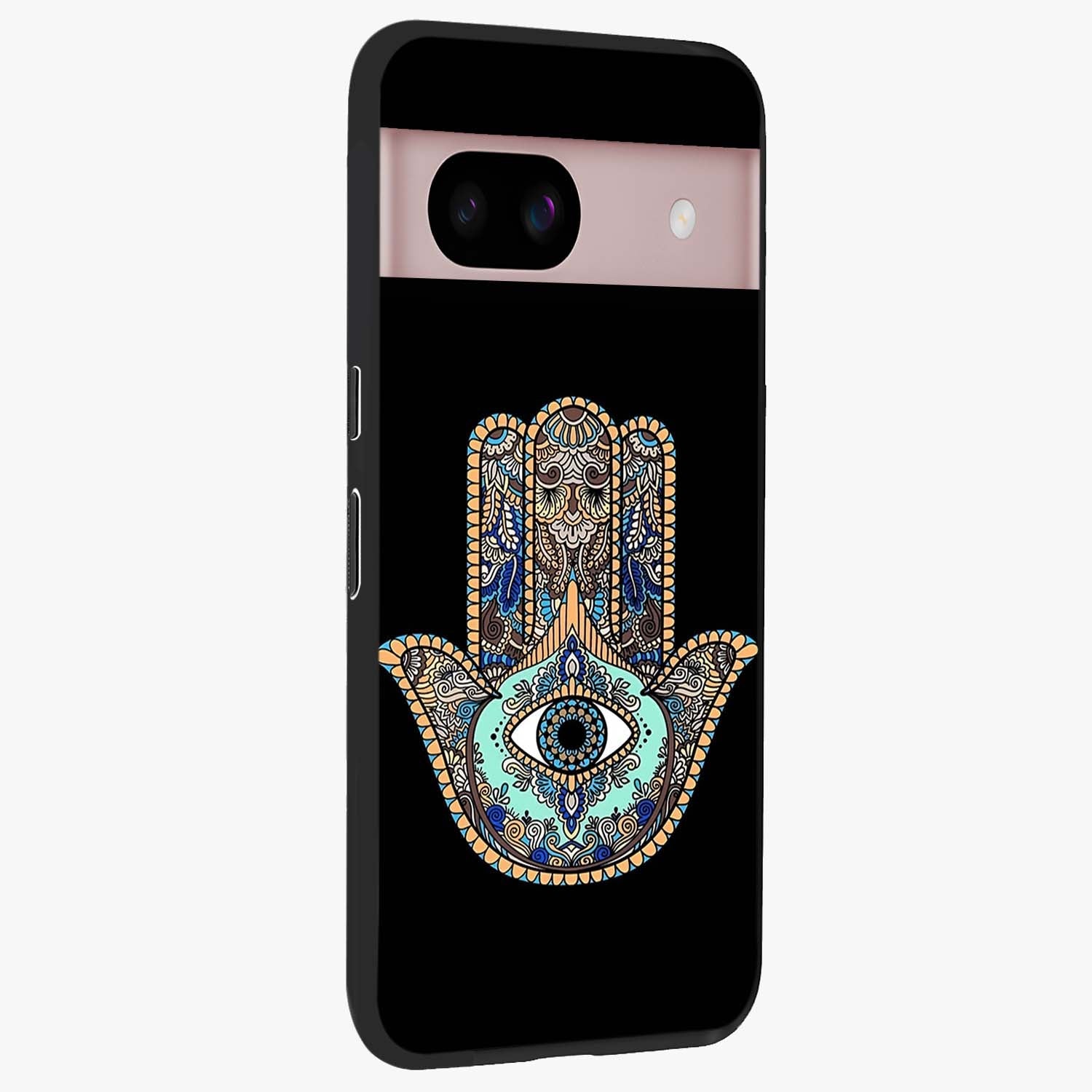Mystic Hamsa Eye Glass Case upright view showcasing detailed hamsa eye artwork with protective spiritual theme.
