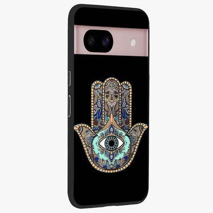 Mystic Hamsa Eye Glass Case upright view showcasing detailed hamsa eye artwork with protective spiritual theme.