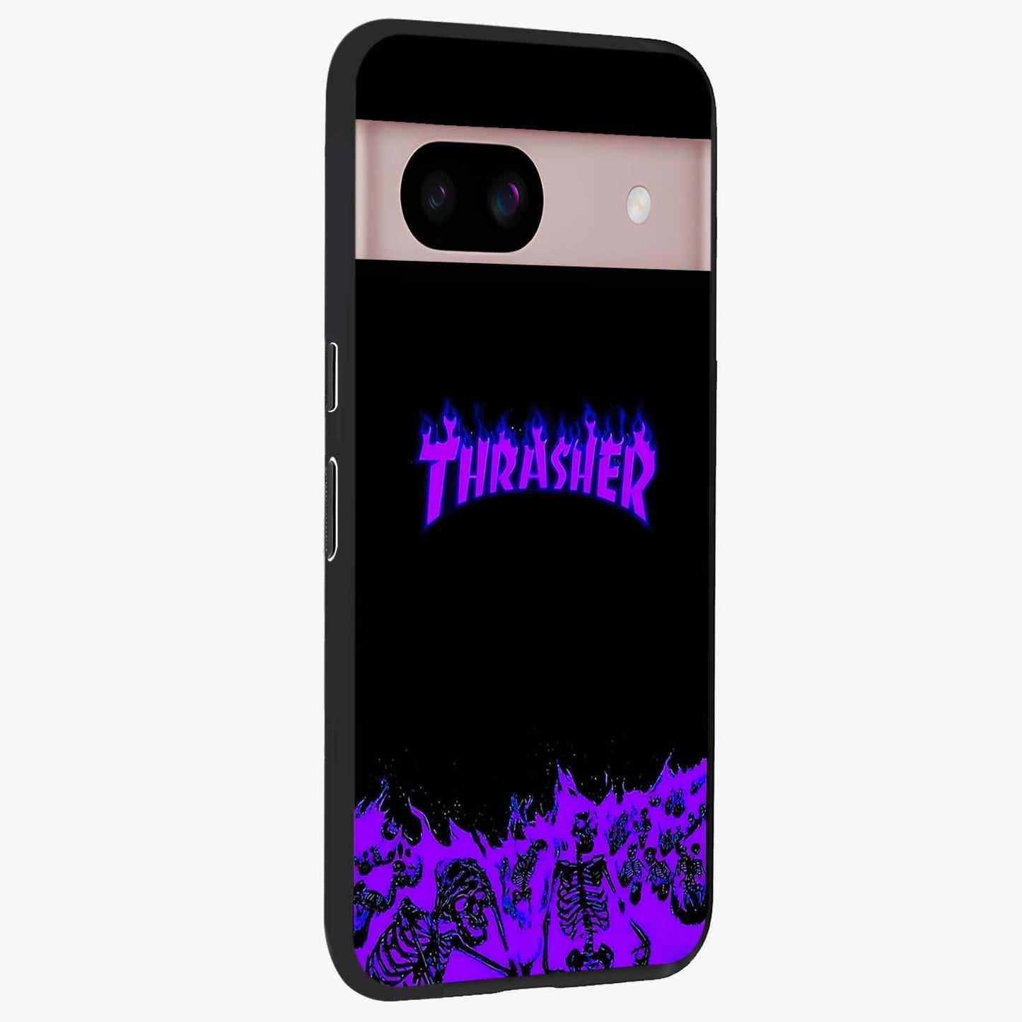 Neon Flame Riot Glass Case upright view showcasing dynamic flame artwork with energetic neon theme.