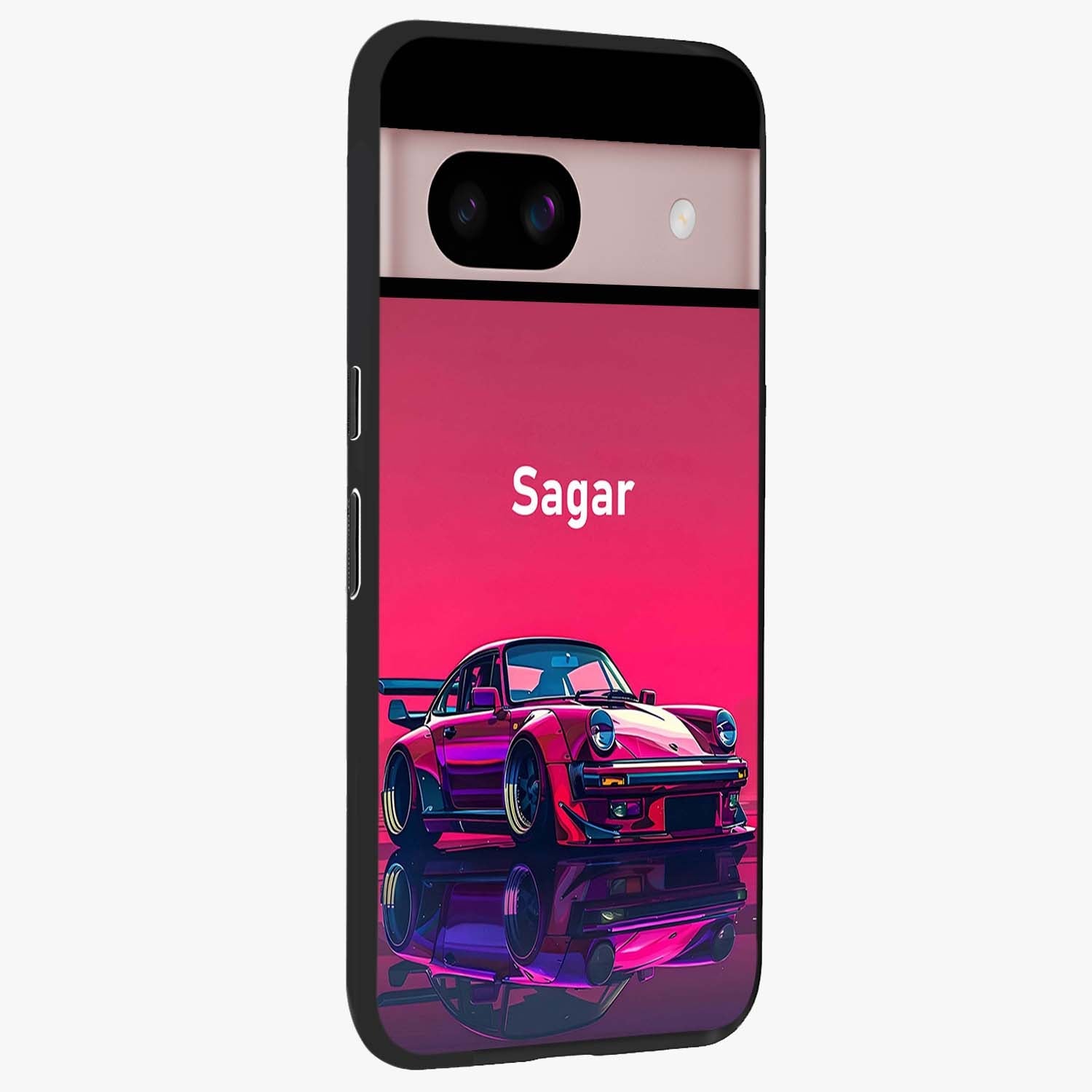 Neon Pink Porsche Glass Case upright view showcasing vibrant sports car artwork with bold automotive theme.