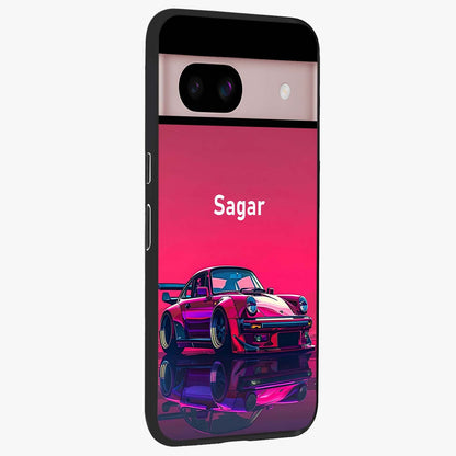 Neon Pink Porsche Glass Case upright view showcasing vibrant sports car artwork with bold automotive theme.