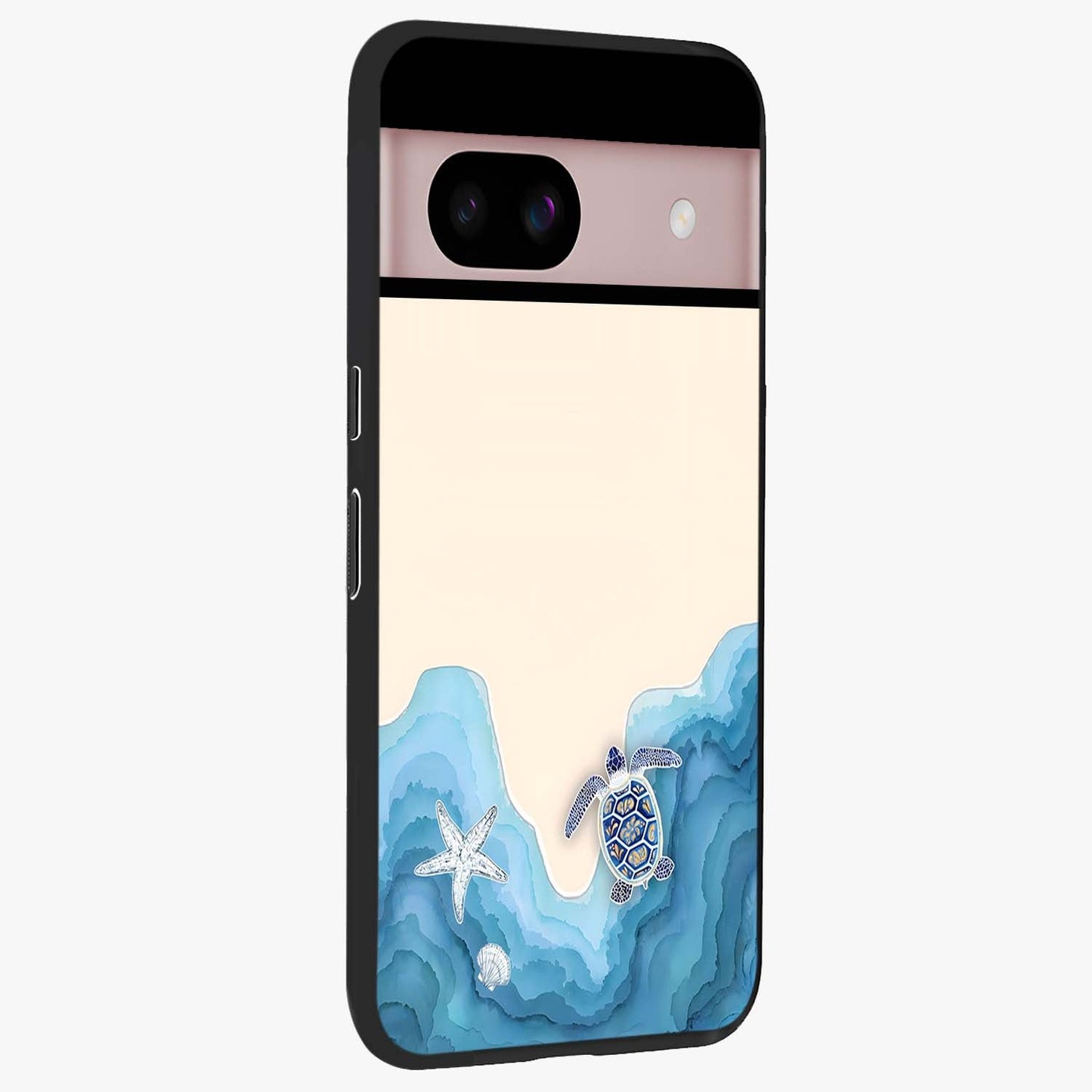 Ocean Drift Turtle Glass Case upright view showcasing calm underwater turtle artwork with nature inspired theme.
