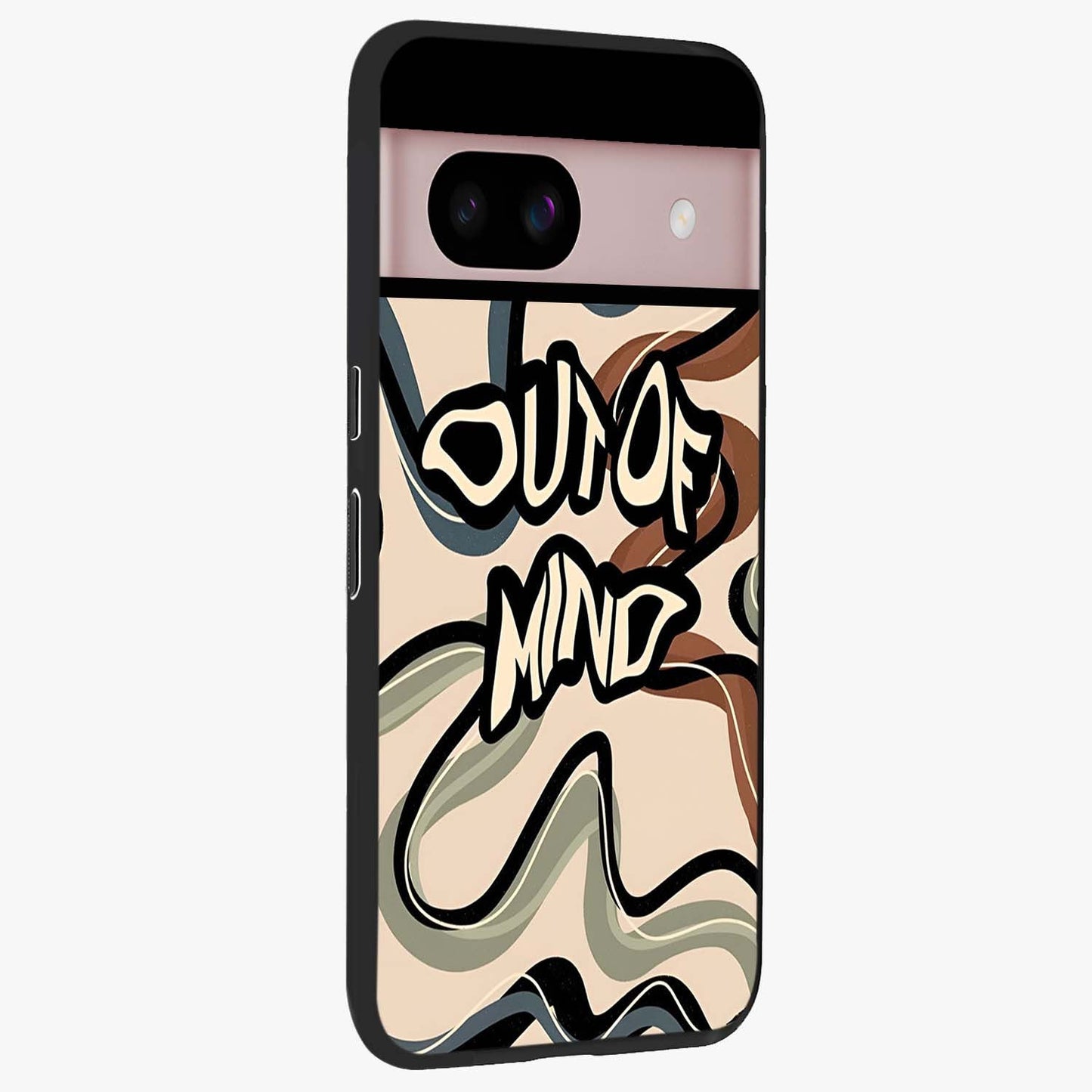 Out Of Mind Glass Case upright view showcasing striking typography artwork with edgy conceptual theme.