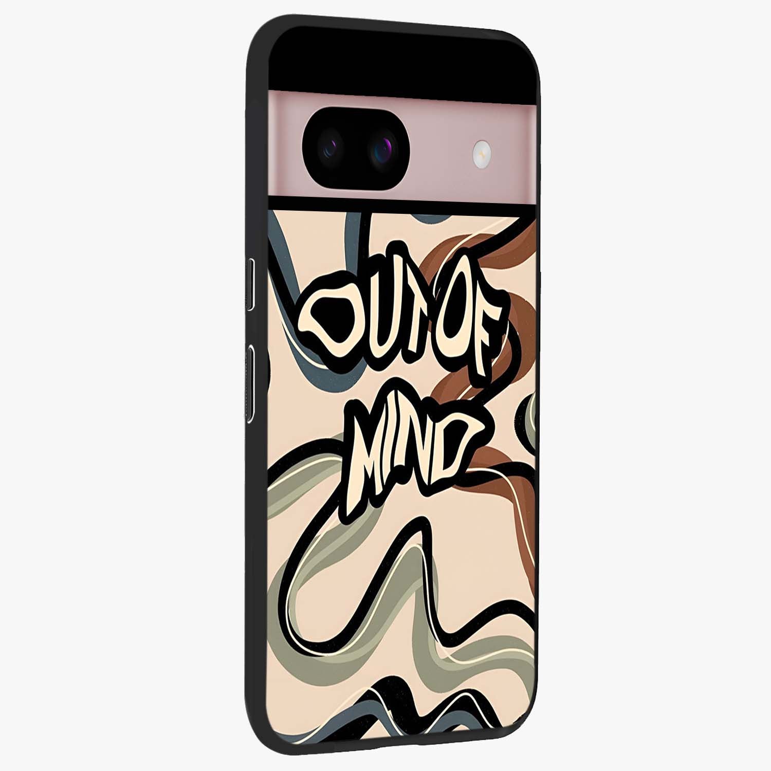 Out Of Mind Glass Case upright view showcasing striking typography artwork with edgy conceptual theme.