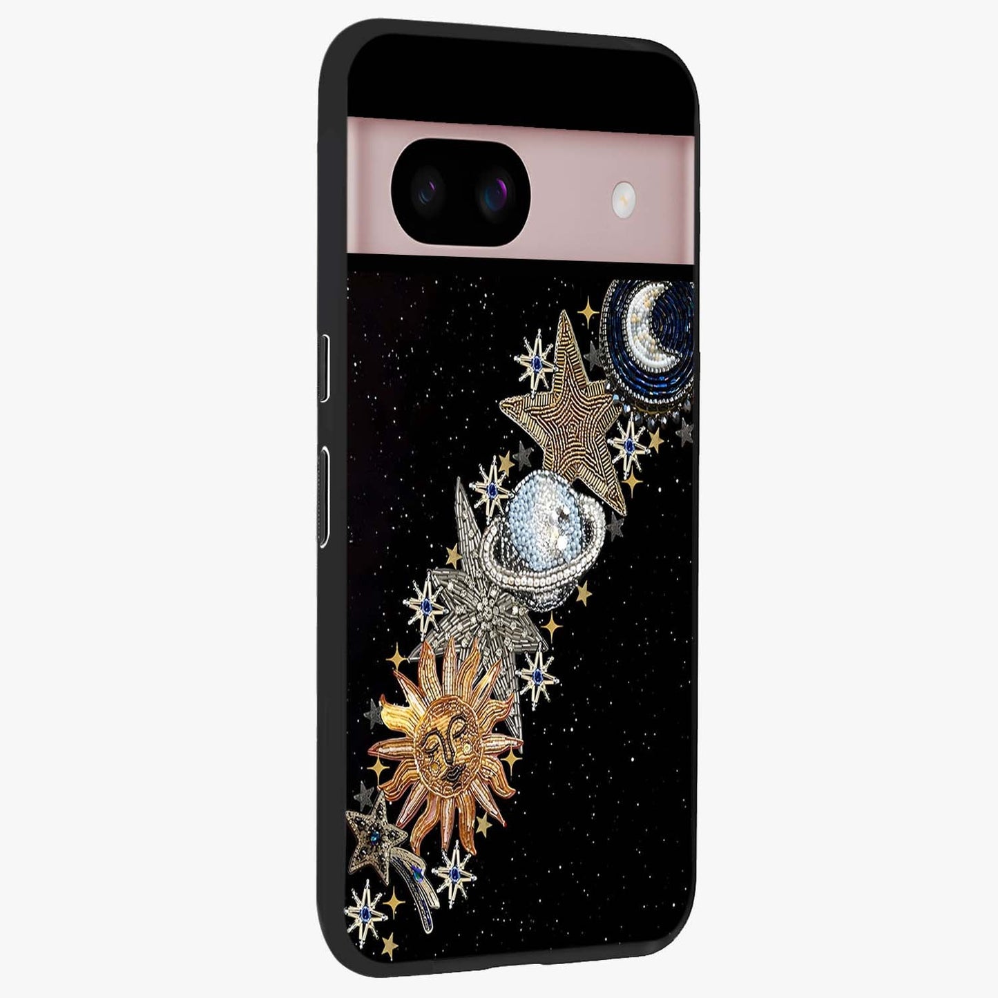 Pearls Universe Object Glass Case upright view showcasing decorative pearl themed artwork with cosmic elegance.
