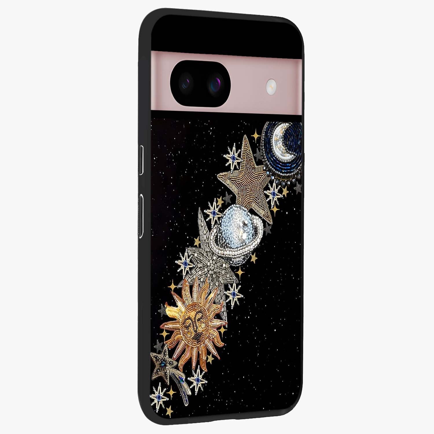 Pearls Universe Object Glass Case upright view showcasing decorative pearl themed artwork with cosmic elegance.
