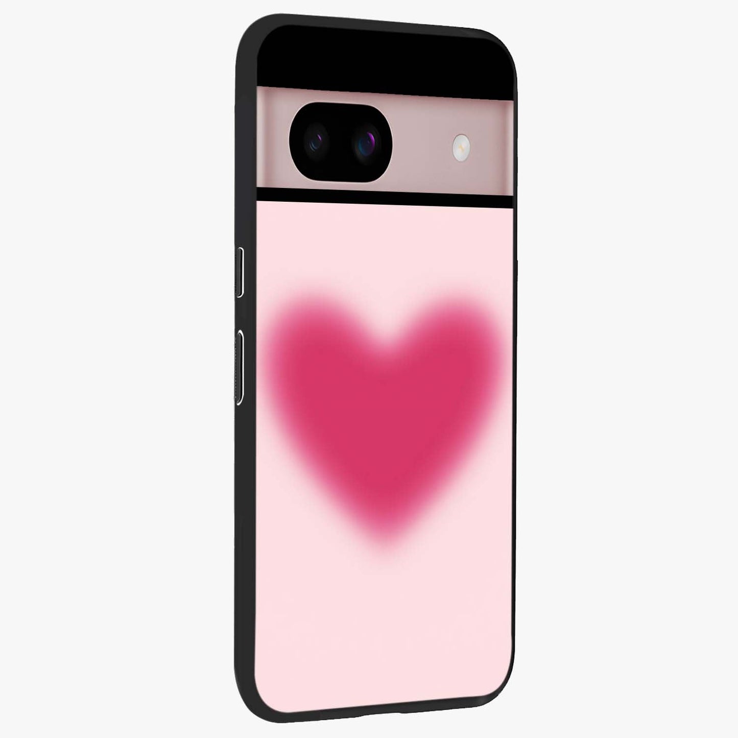 Pink Aura Heart Glass Case upright view showcasing romantic heart artwork with soft pastel theme.
