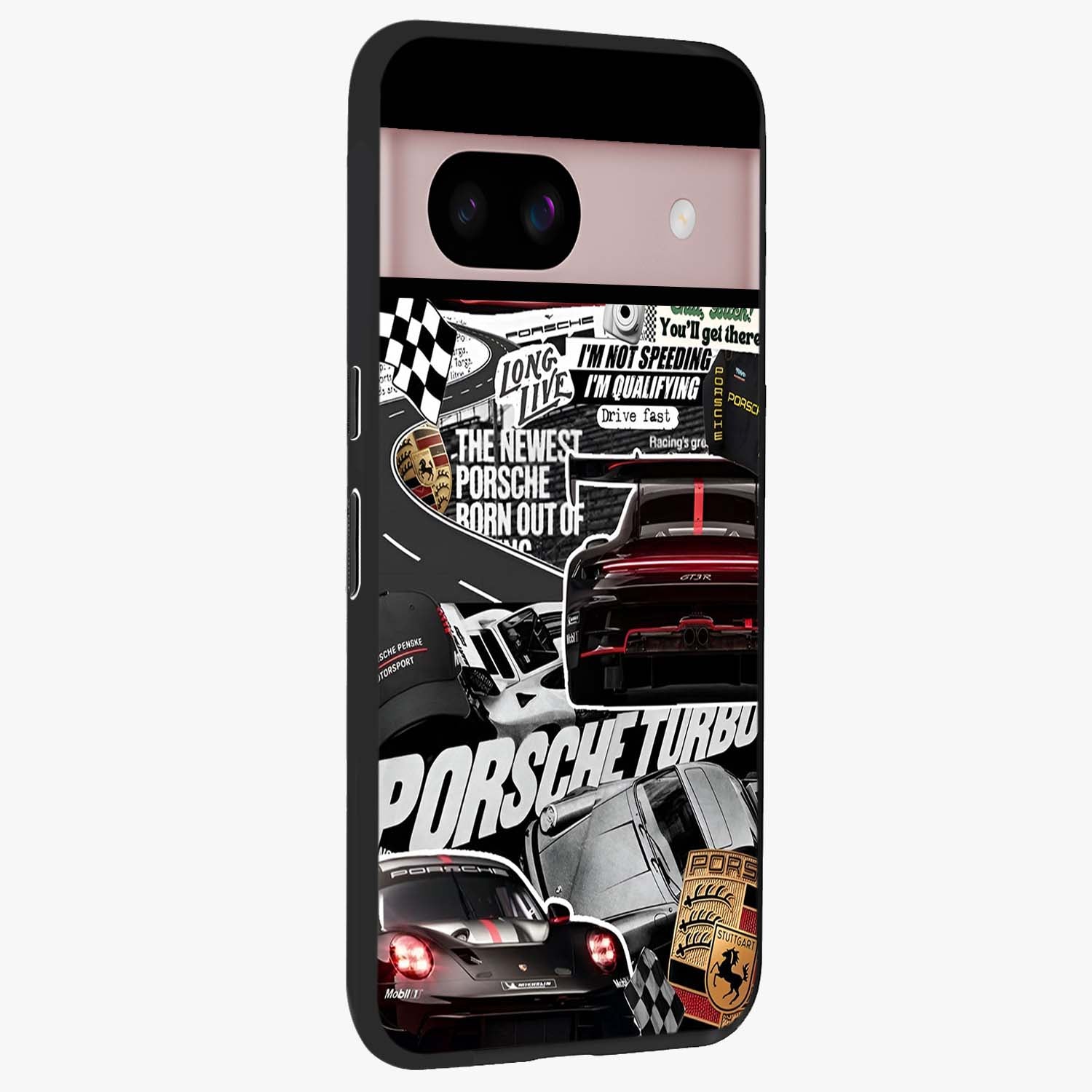 Porsche Racing Collage Glass Case upright view showcasing energetic car collage artwork with high speed racing theme.