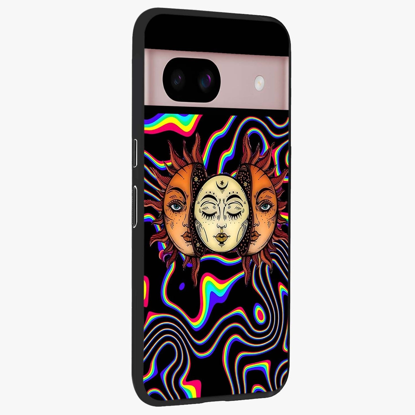 Psychedelic Sun Glass Case upright view showcasing trippy sun artwork with bold psychedelic theme.