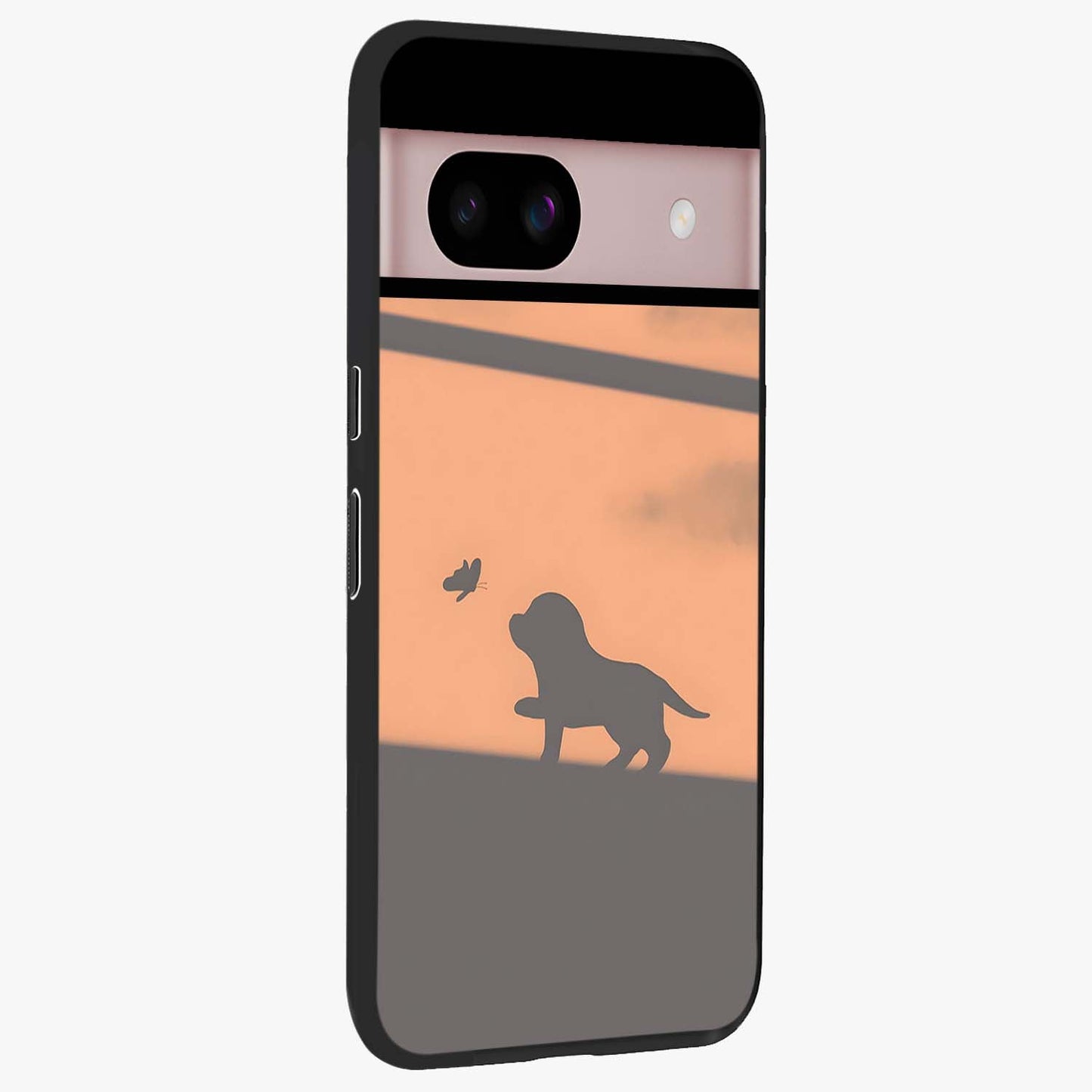 Puppy Shadow Art Glass Case upright view showcasing charming puppy artwork with creative silhouette theme.