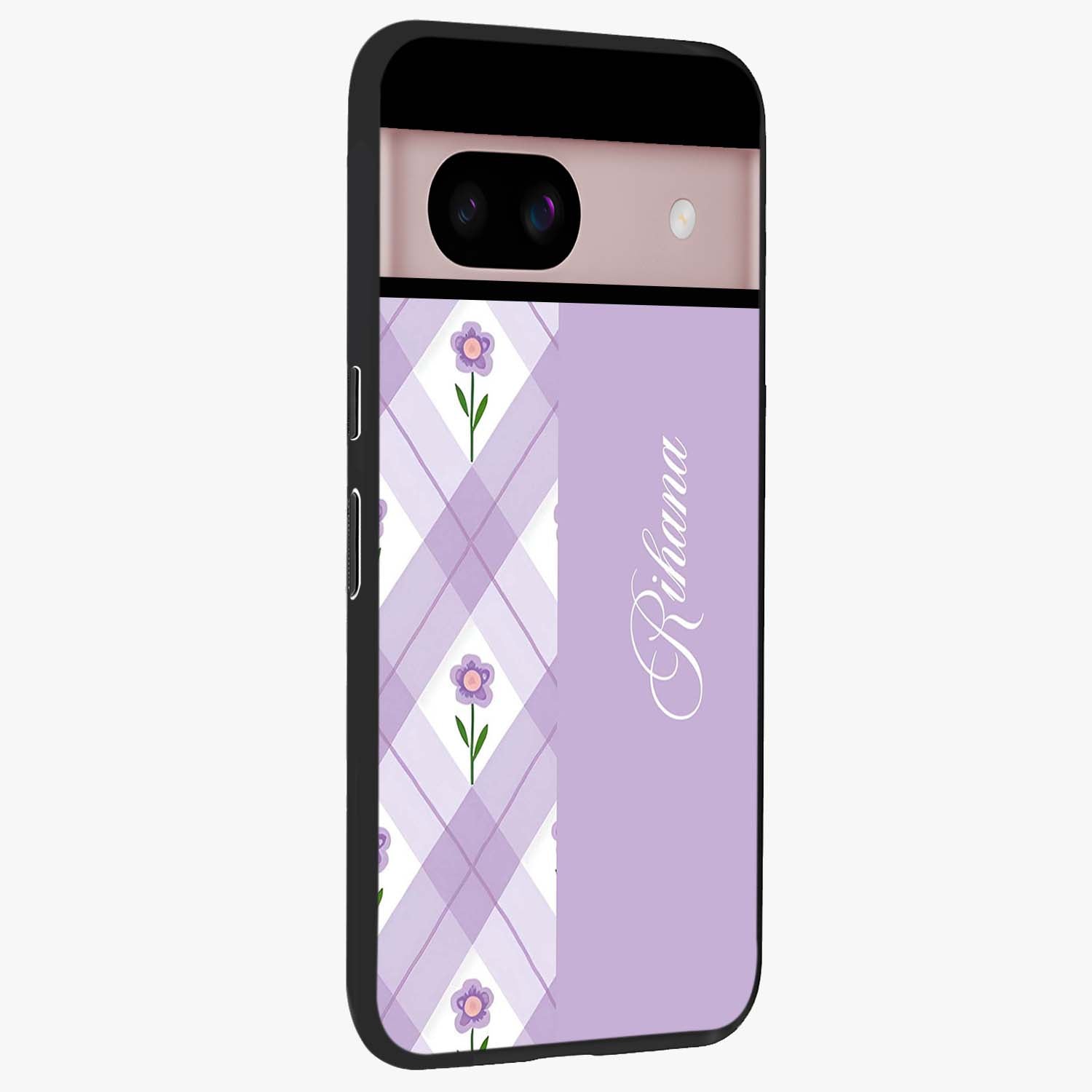 Purple Diamond Floral Glass Case upright view showcasing vibrant floral artwork with stylish geometric theme.