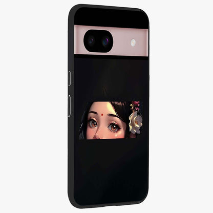 Radha Divine Embrace Glass Case upright view showcasing sacred Radha themed artwork with peaceful devotional style.
