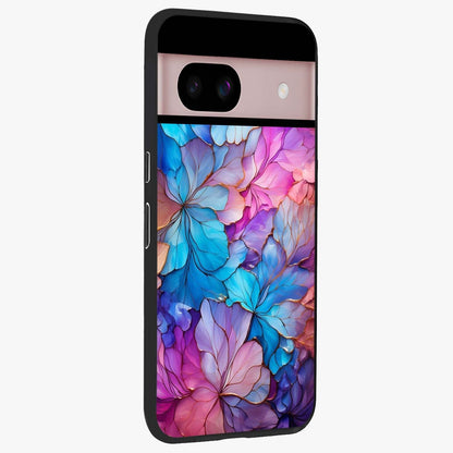 Radiant Floral Whirl Glass Case upright view showcasing lively floral artwork with decorative swirl theme.