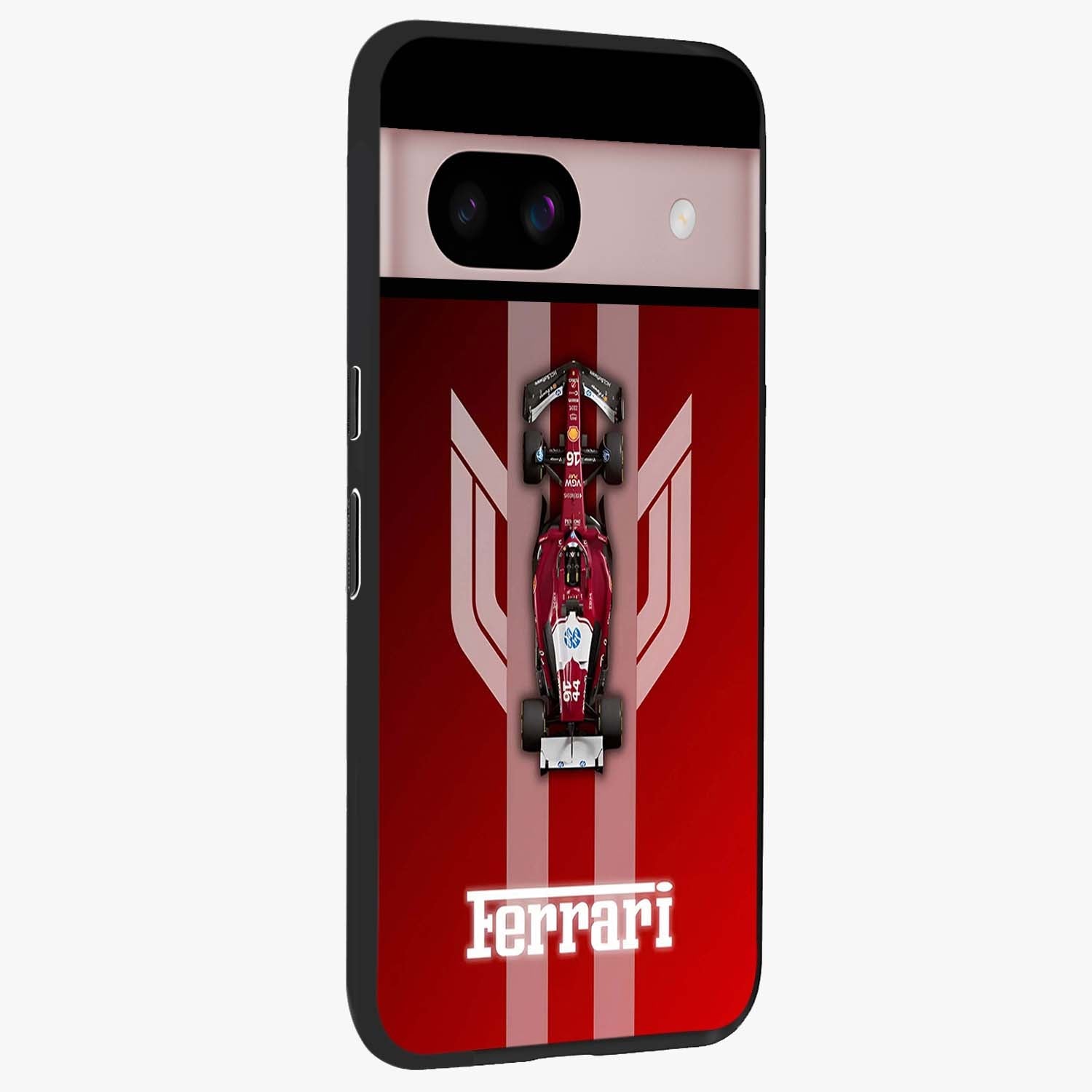 Red Ferrari F1 Vertical Glass Case upright view showcasing powerful Formula car artwork with dynamic motorsport theme.