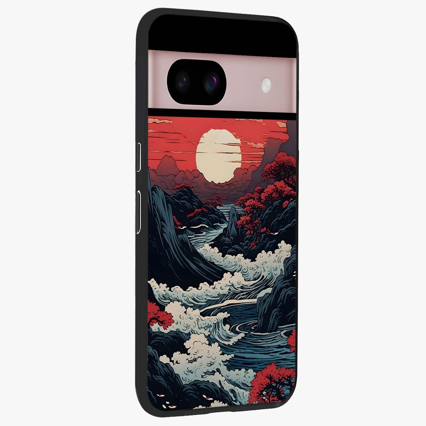 Red Sunset Scenery Glass Case upright view showcasing dramatic sunset scenery artwork with warm nature theme.