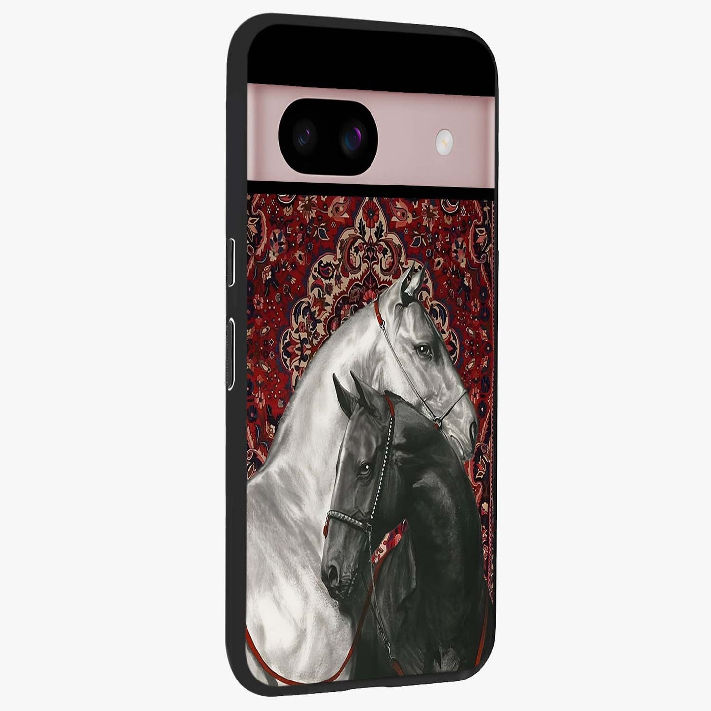 Regal Stallion Tapestry Glass Case upright view showcasing powerful horse artwork with elegant tapestry theme.