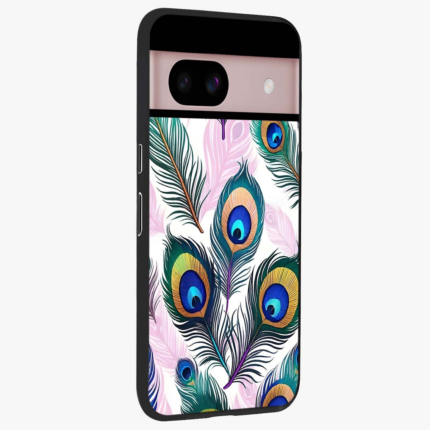 Royal Peacock Feathers Glass Case upright view showcasing elegant peacock feather artwork with decorative royal theme.