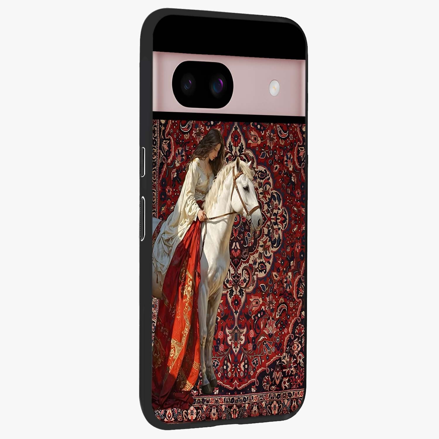 Royal Rider Tapestry Glass Case upright view showcasing detailed rider artwork with classic tapestry theme.