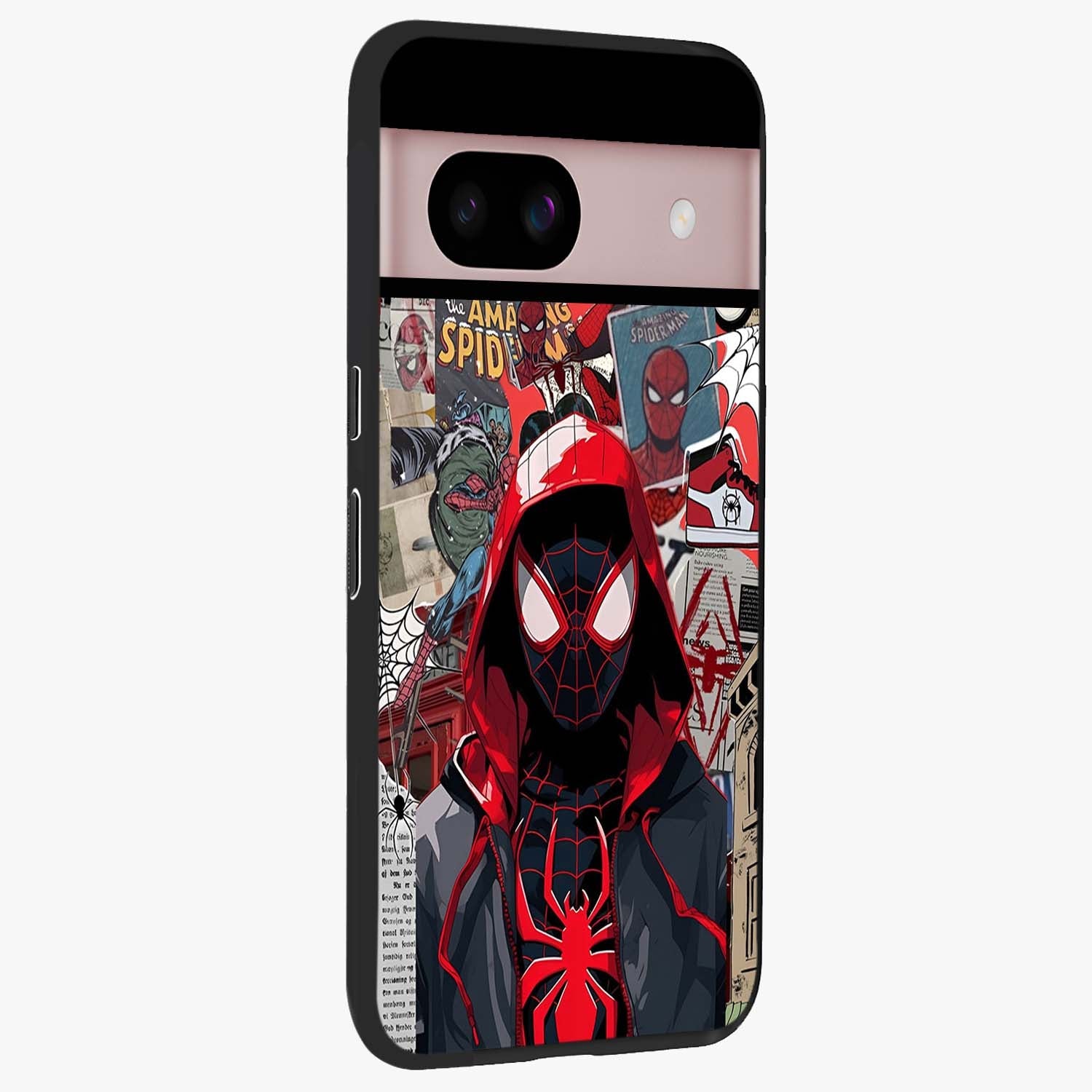 Spider Collage Street Glass Case upright view showcasing bold superhero artwork with urban street theme.