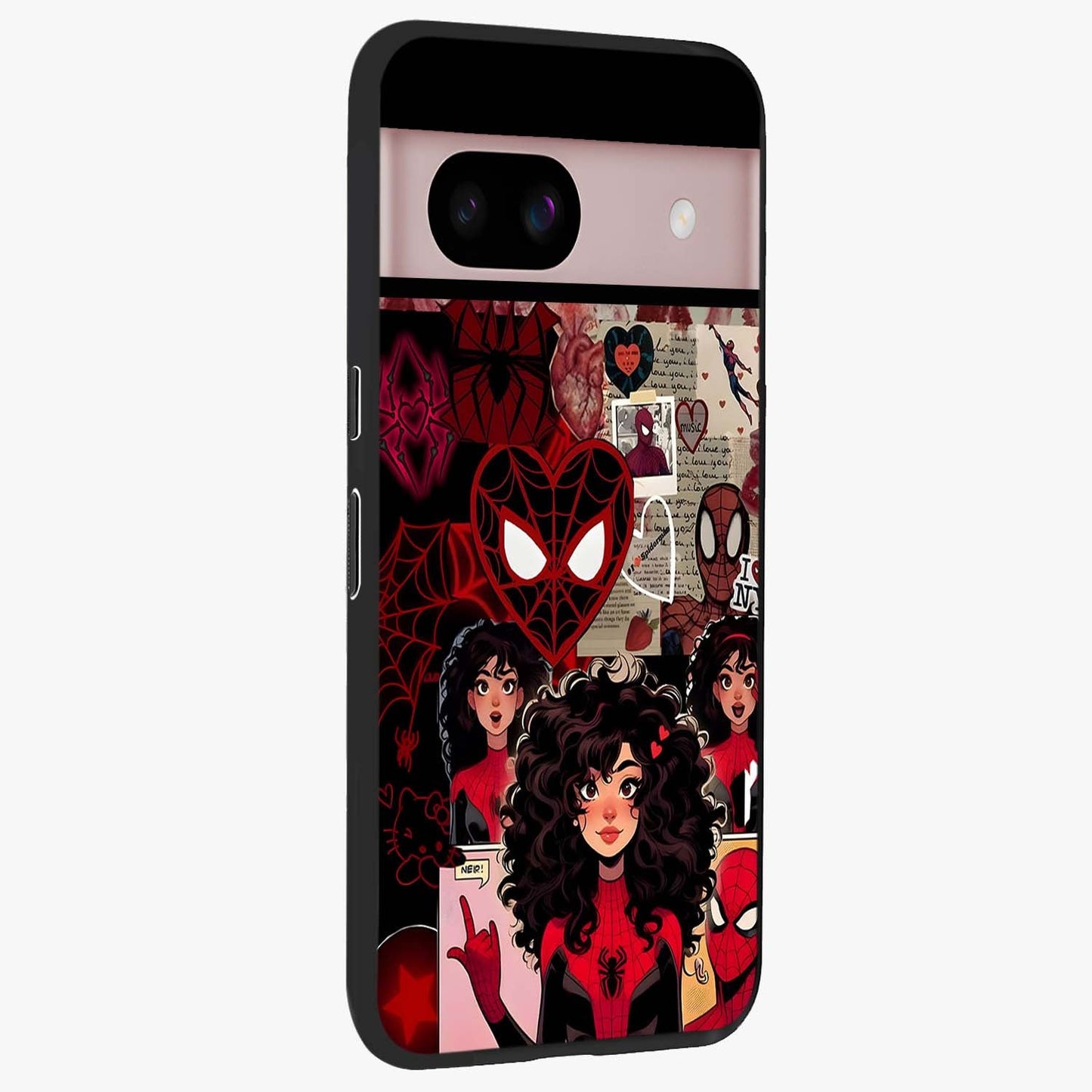 Spider Love Story Glass Case upright view showcasing charming superhero artwork with romantic comic theme.