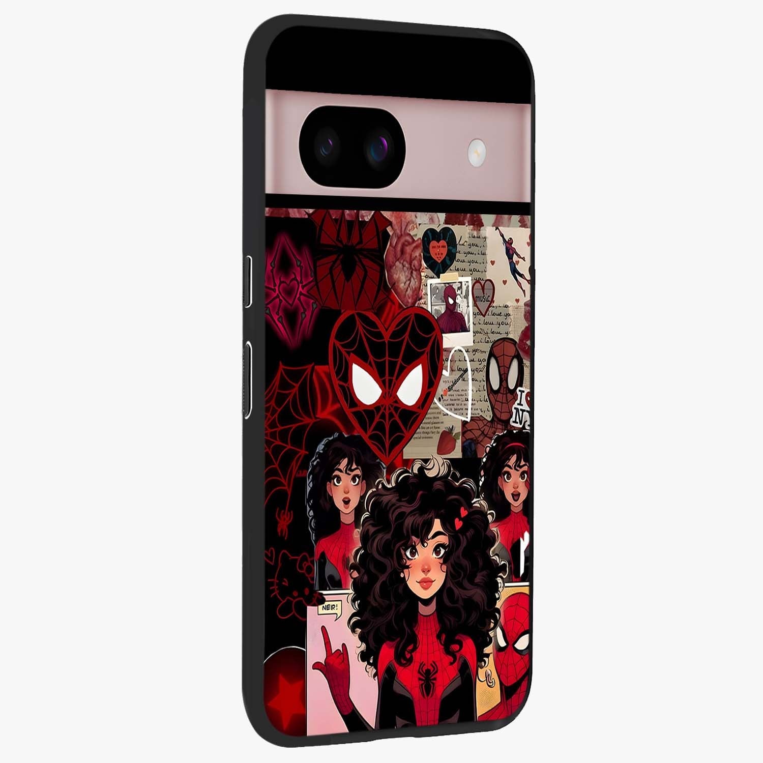 Spider Love Story Glass Case upright view showcasing charming superhero artwork with romantic comic theme.