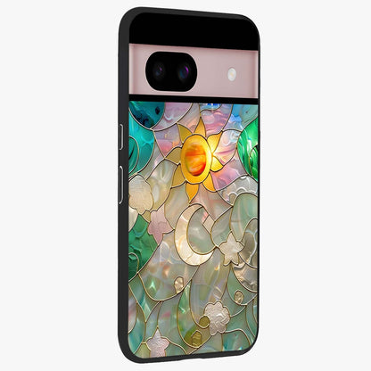 Stained Sunrise Glow Glass Case upright view showcasing colorful sunrise artwork with warm morning theme.