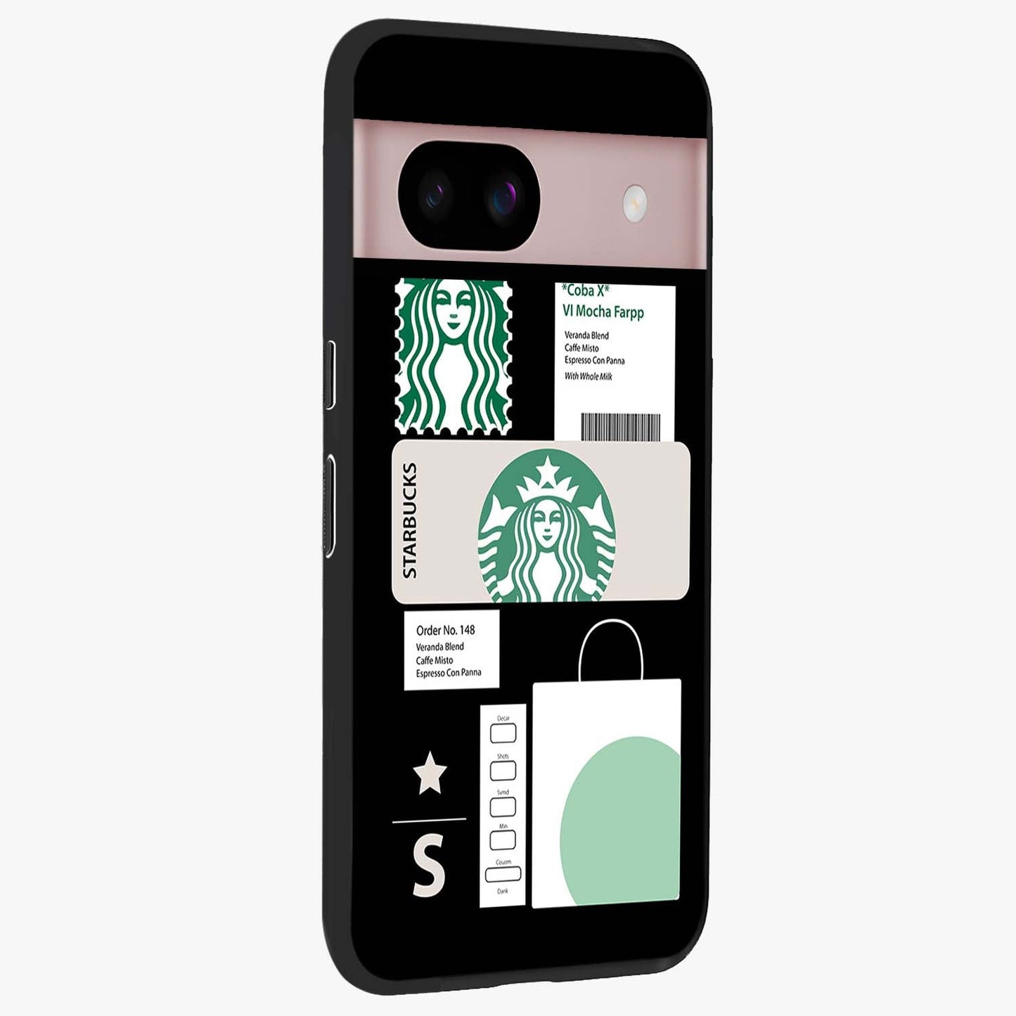 Starbucks Mocha Glass Case upright view showcasing trendy coffee inspired artwork with modern lifestyle theme.
