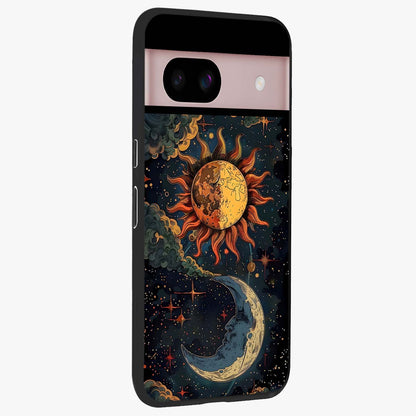 Sun And Moon Magic Design Glass Case upright view showcasing decorative sun and moon artwork with spiritual celestial theme.