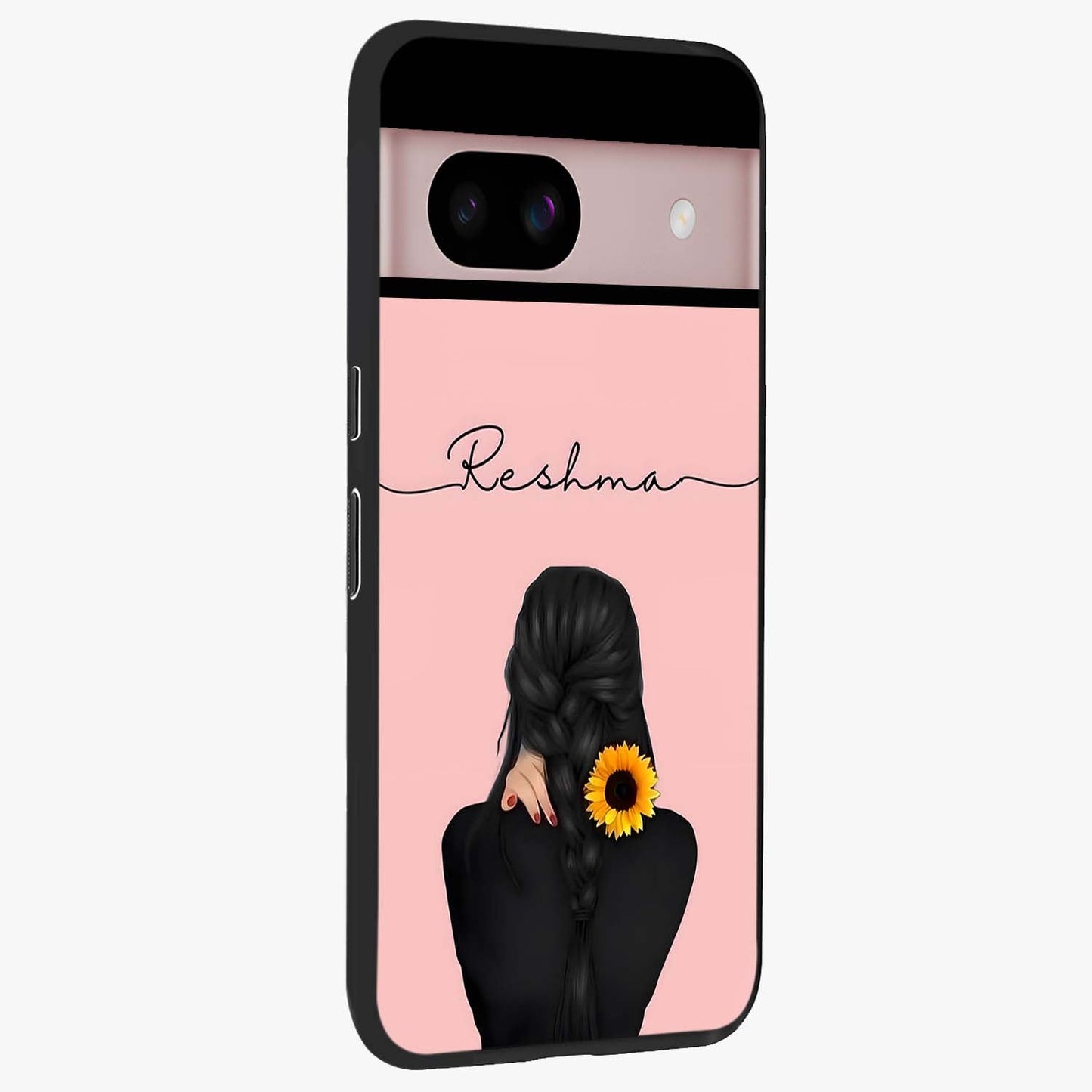 Sunflower Braid Beauty With Custom Name Glass Case upright view showcasing bright sunflower artwork with personalized floral aesthetic.